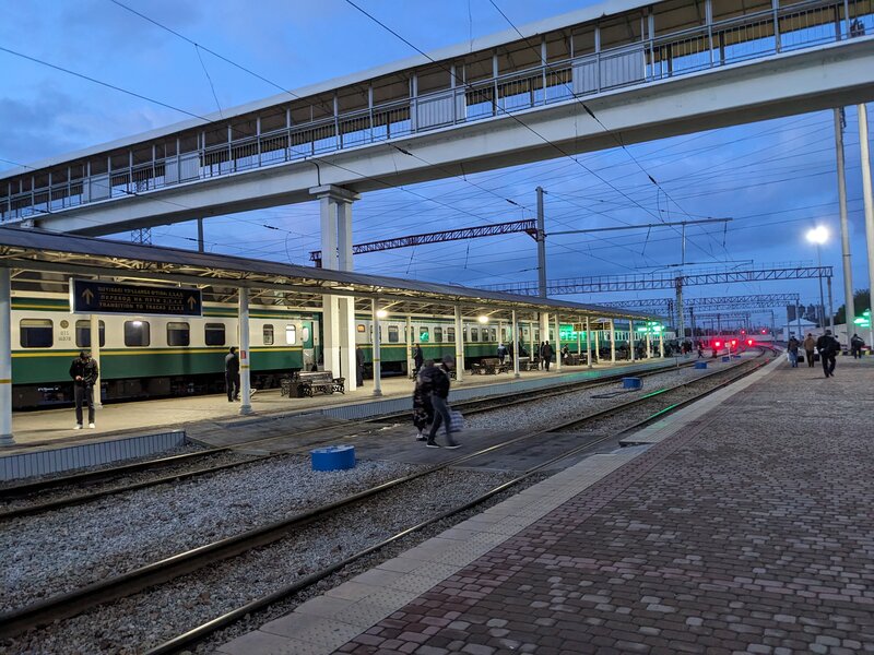 A train platform at dusk