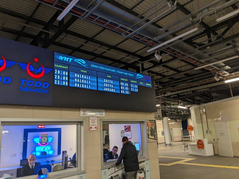 The ticket office window showing the Sofia train